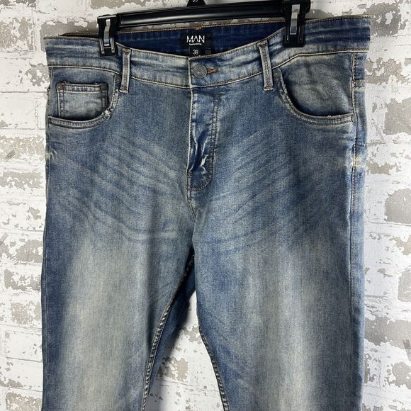 BooHooMan Stretch Skinny Jeans Men’s 38X29.5 Blue Vintage Wash NWT Button Fly - Picture 2 of 15